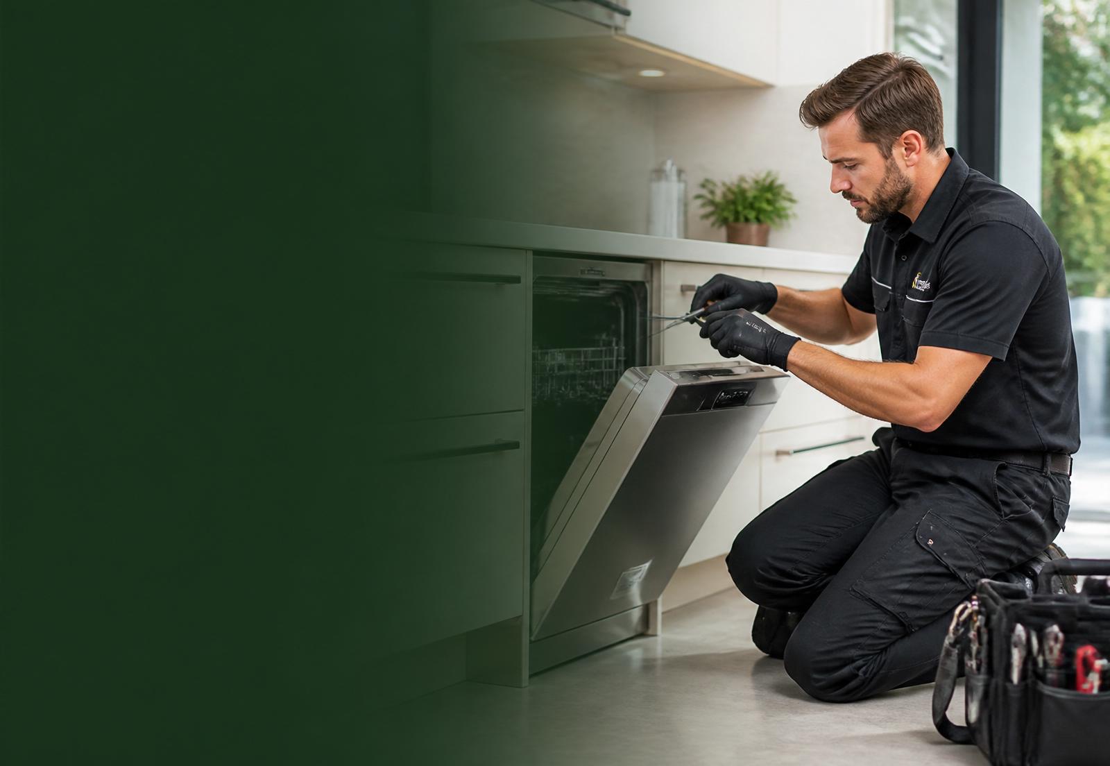Certified appliance technician installing a dishwasher